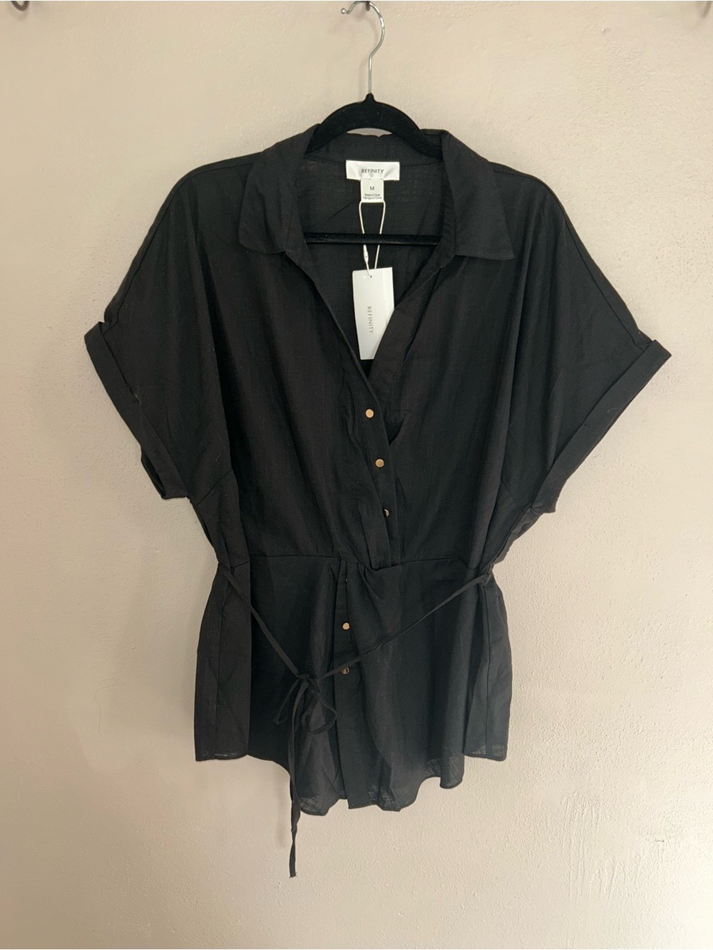 REFINITY BLACK 100% COTTON BUTTON UP WITH TIE WAIST TUNIC TOP gold buttons